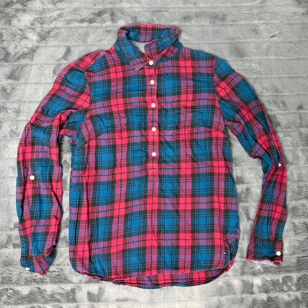 Tommy Hilfiger Womens Pink Blue Plaid Popover Shirt Roll Tab Sleeve Cotton S